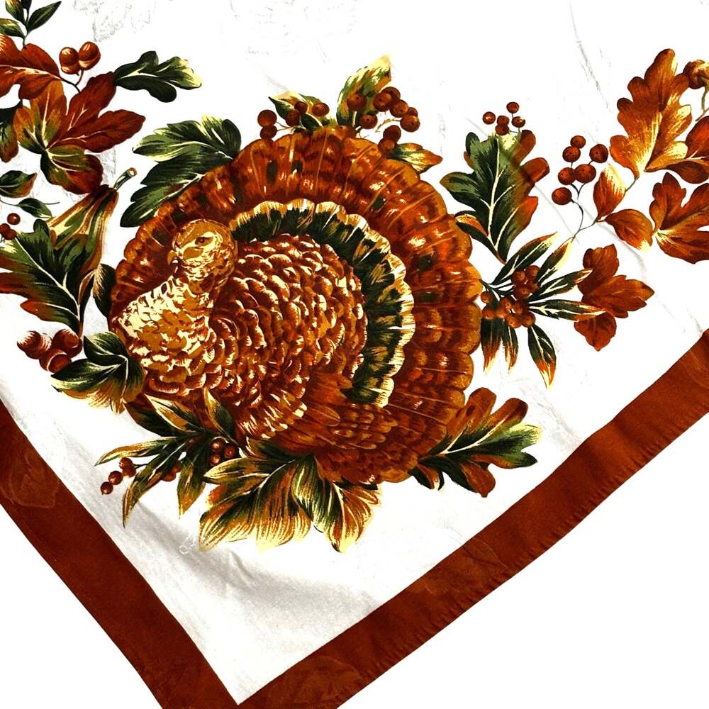 Vintage Holiday Tablecloth Thanksgiving Turkey Autumn Colors Brocade fabric